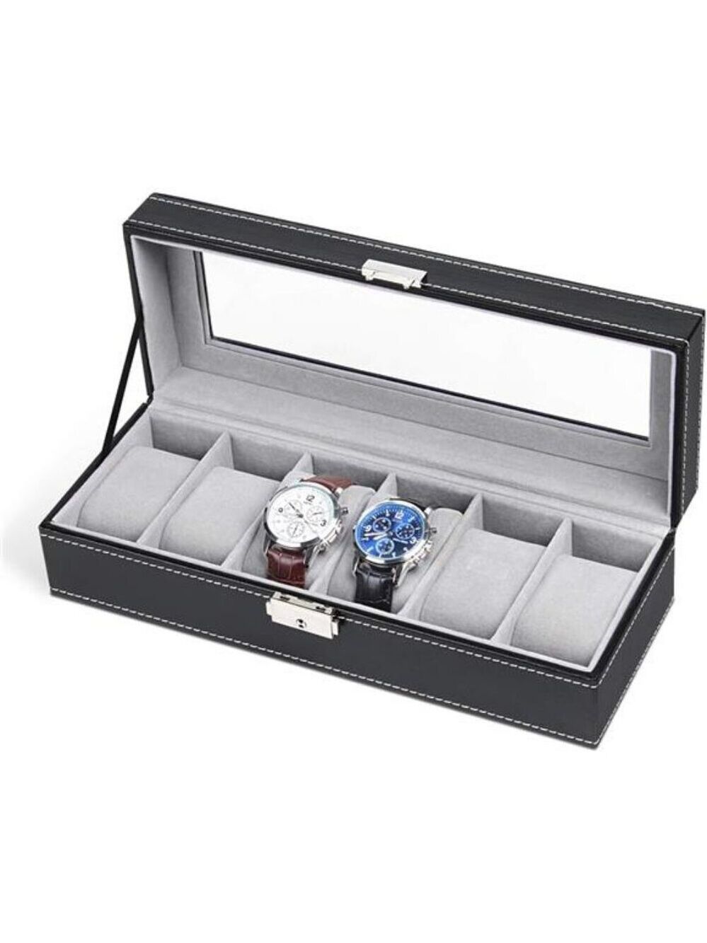 Mens Watch Box Organizer 6 Slot Display Case Black Glass Lid Jewelry Storage